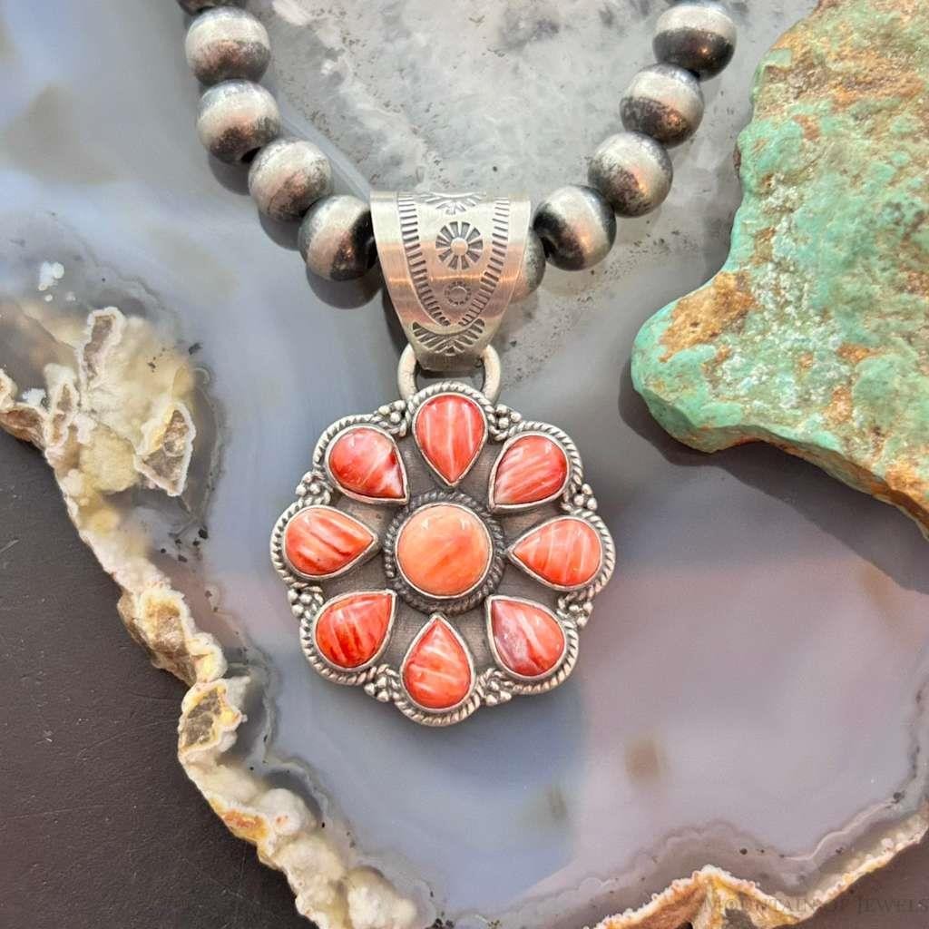 Native American Sterling Silver Orange Spiny Oyster Cluster Pendant For Women