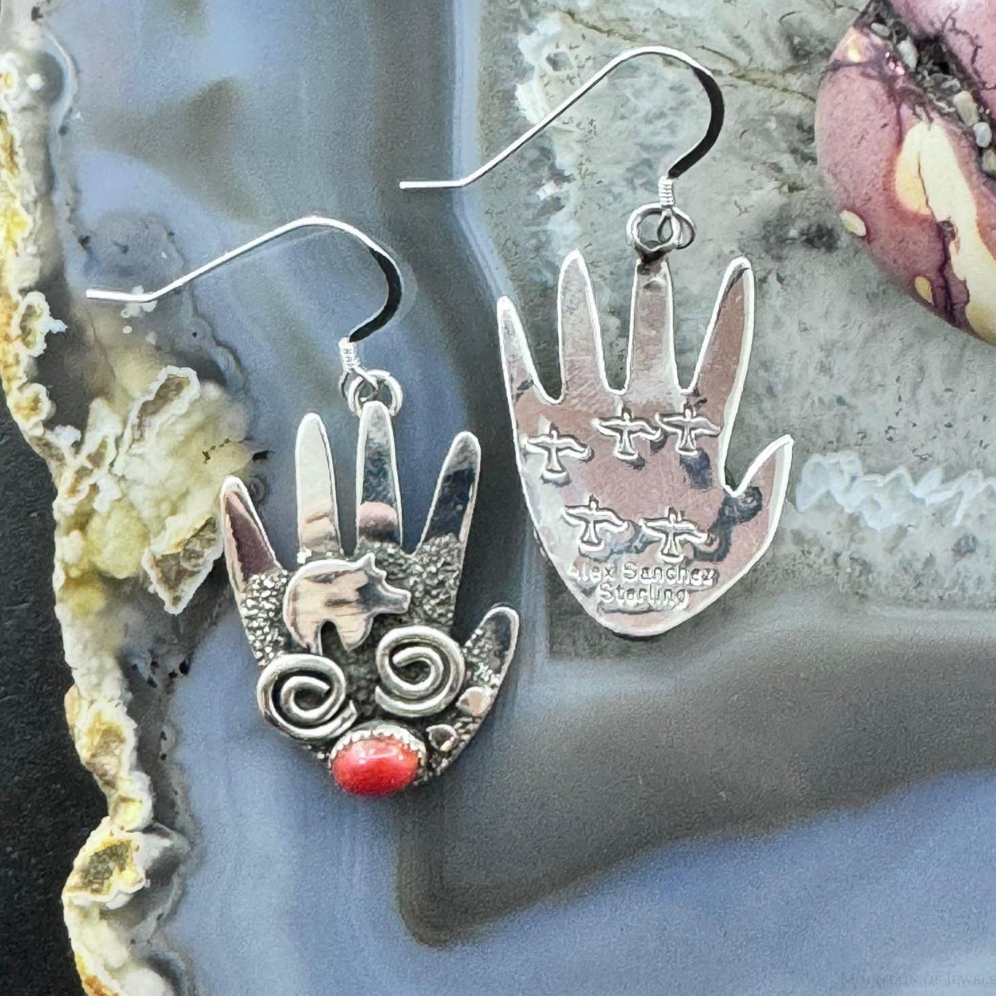 Alex Sanchez Sterling Silver Ancestors Hand Petroglyph w/Coral Dangle Earrings For Women #1