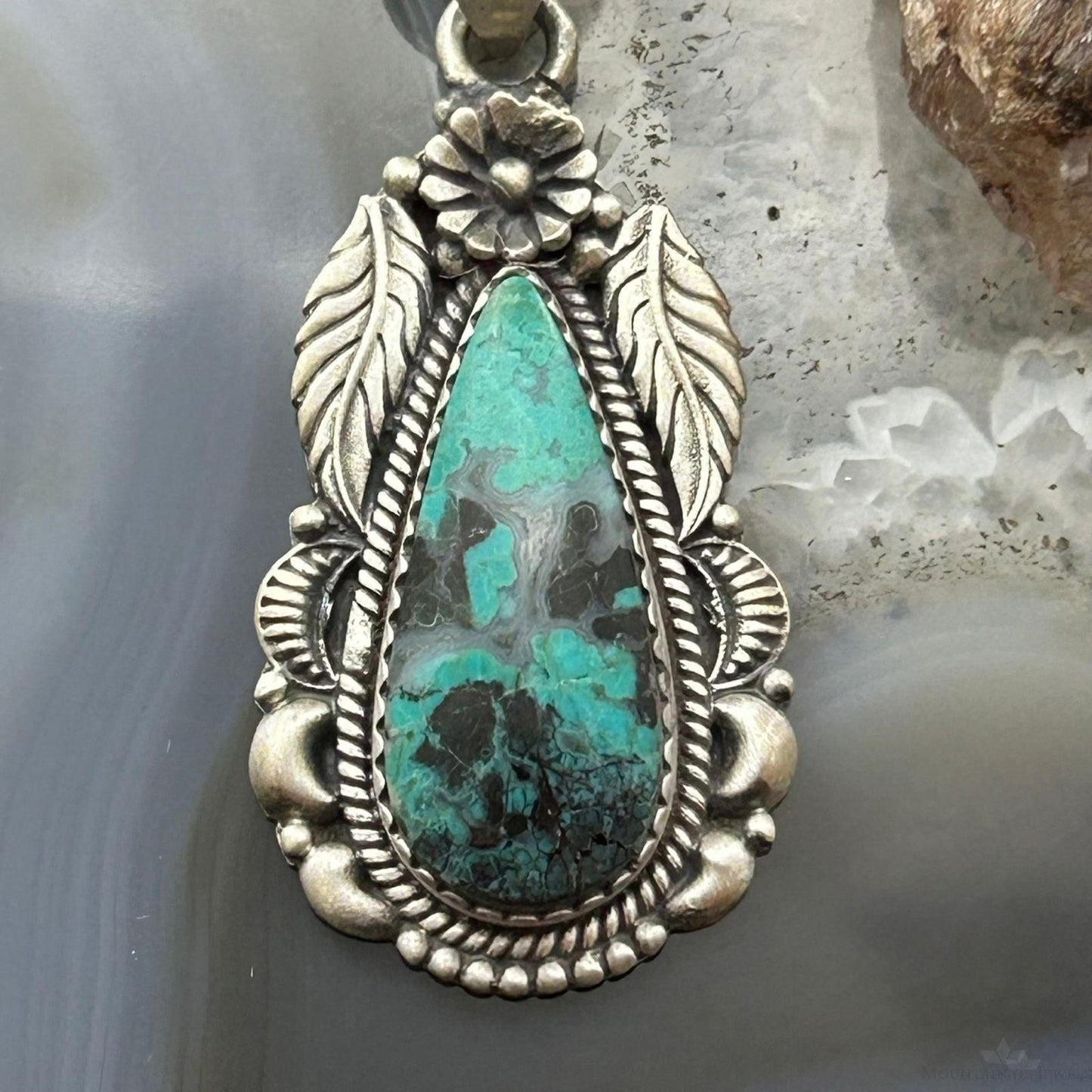 Sterling Silver Southwestern Style Teardrop Matrix Turquoise Decorated Pendant For Women