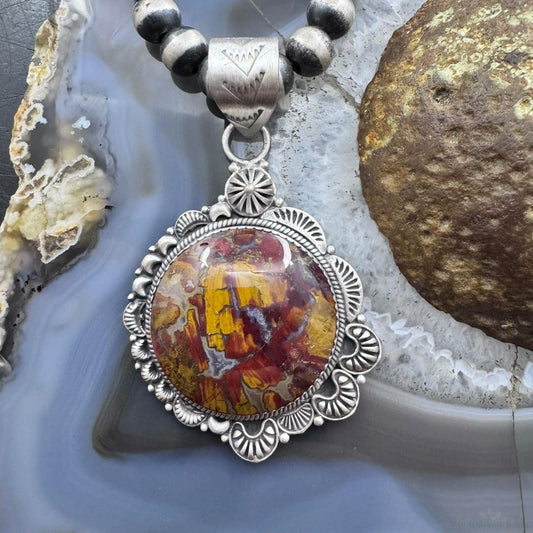 Sterling Silver Southwestern Style Round Red Moss Agate Decorated Pendant For Women