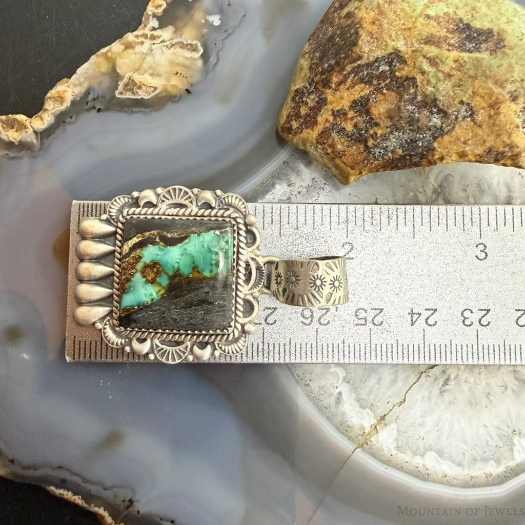 Sterling Silver Southwestern Style Square Blackjack Turquoise Decorated Pendant