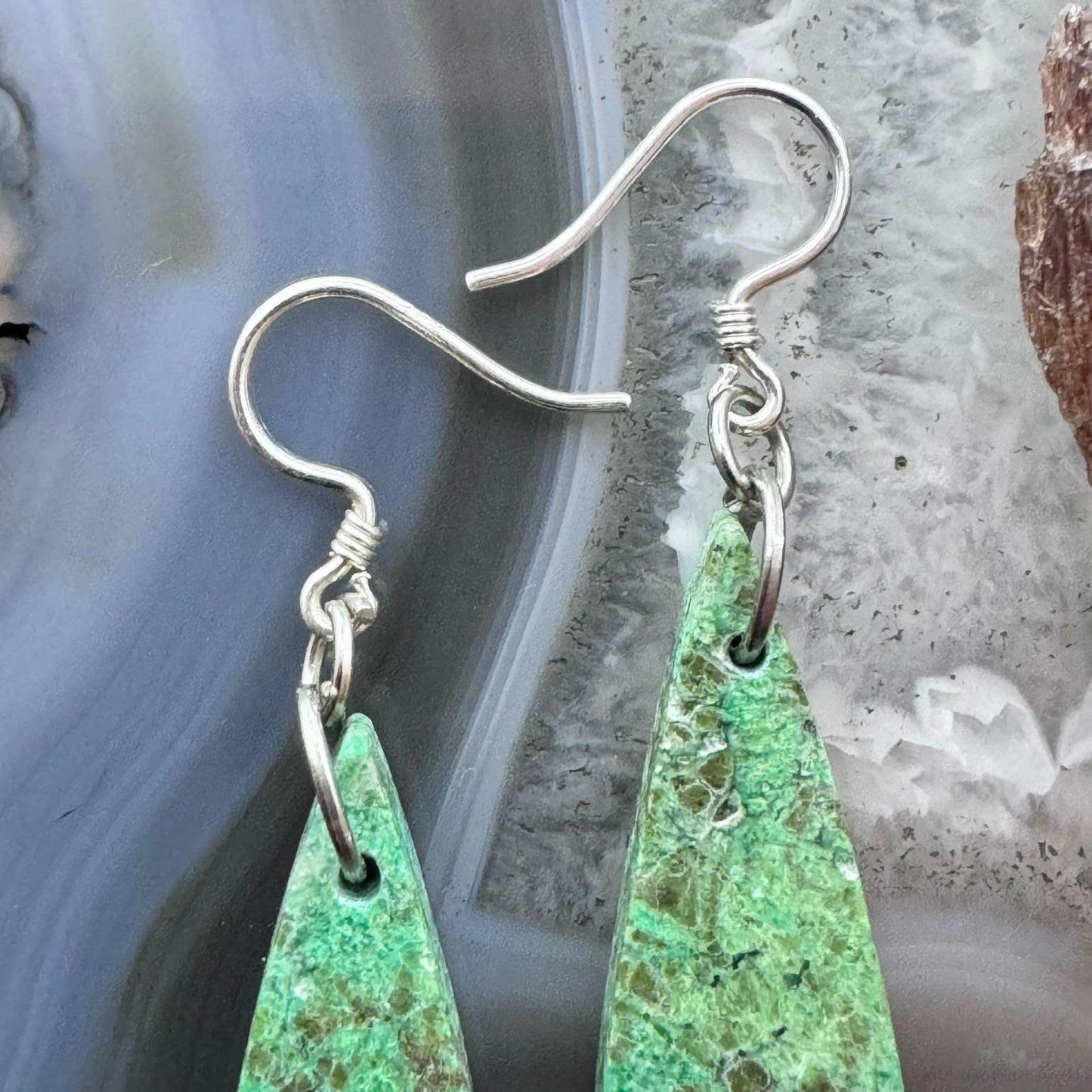 Sterling Silver Elongated Teardrop Green River Jasper Slab Dangle Earrings For Women #242