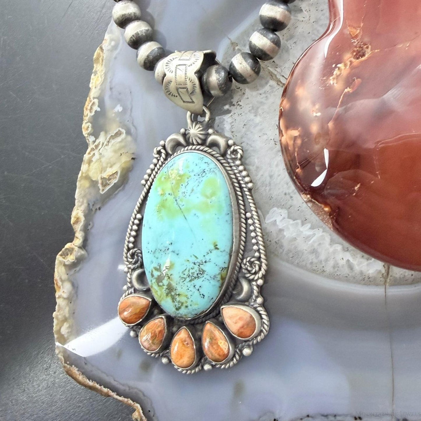 Sterling Silver Southwestern Style Oval Turquoise & Spiny Oyster Pendant For Women