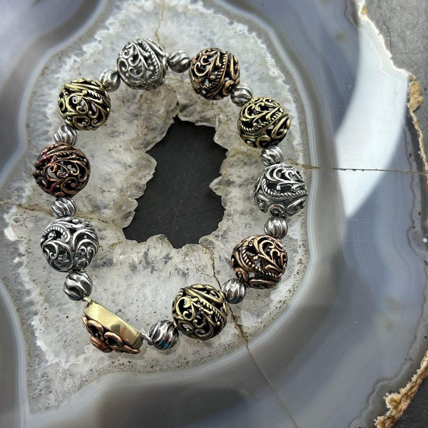 Carolyn Pollack Sterling Silver, Brass, Copper Decorated Swirl Beads Bracelet For Women