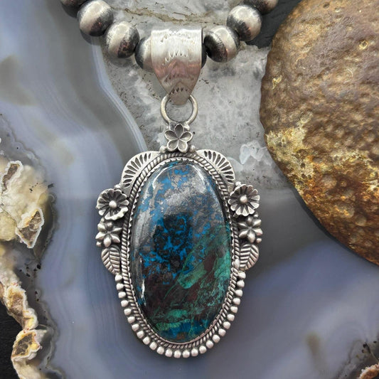 Sterling Silver Southwestern Style Oval Chrysocolla Decorated Pendant For Women