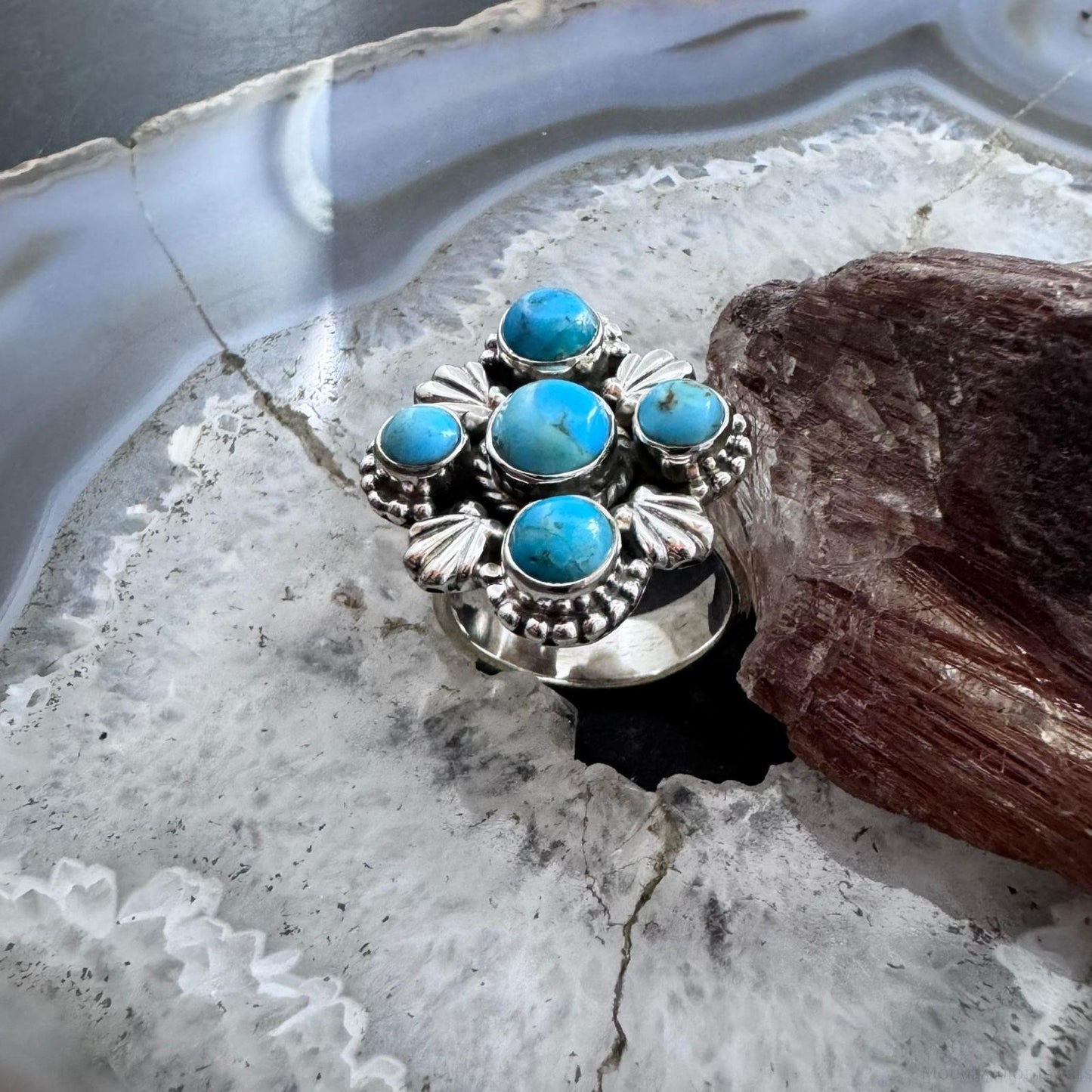 Sterling Silver Southwestern Style Composite Turquoise Cluster Adjustable Ring For Women