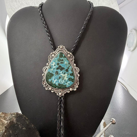 Sterling Silver Southwestern Style Triangle Azurite Malachite Bolo Tie For Men