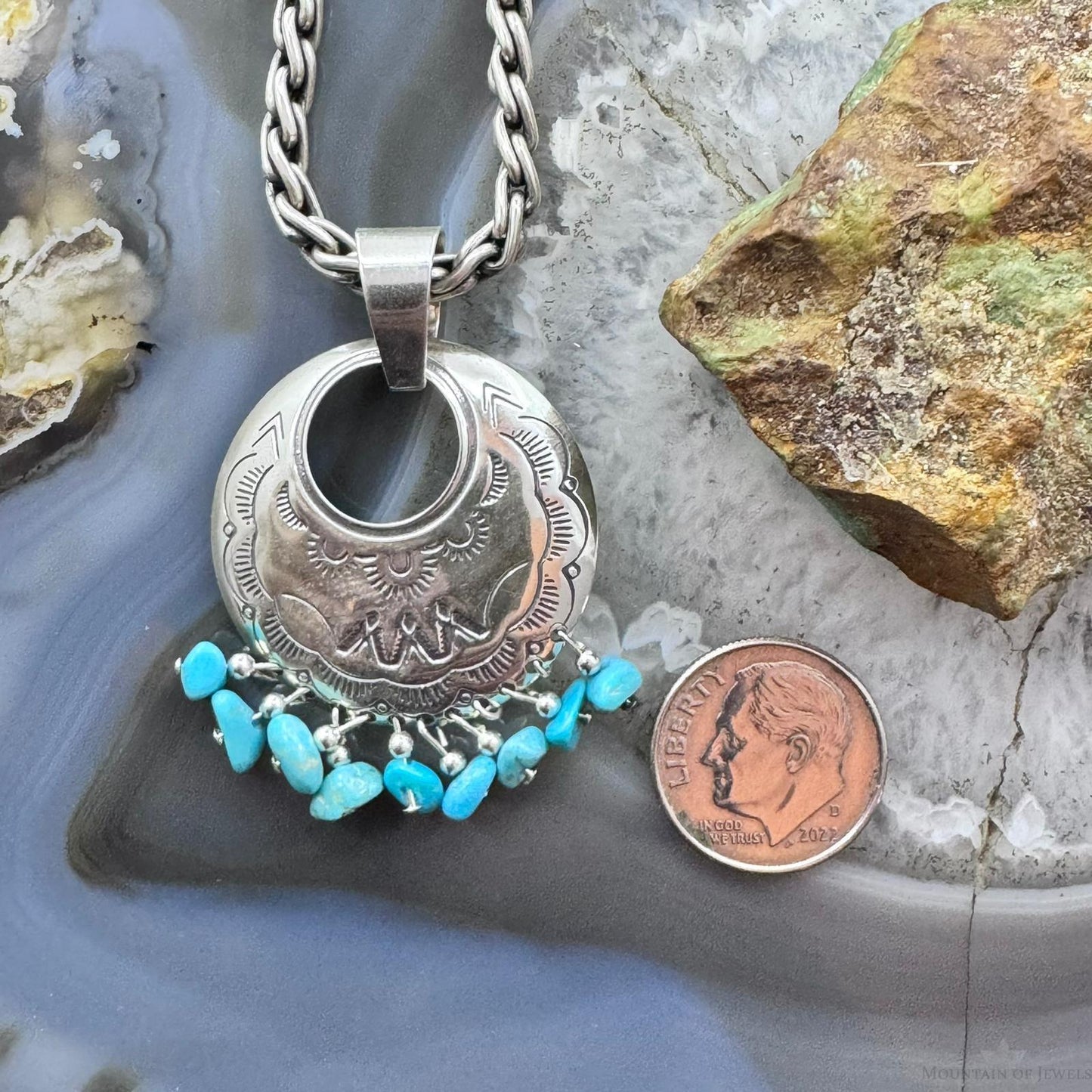 Carolyn Pollack Sterling Silver Stamped Pendant w/Turquoise Beads For Women