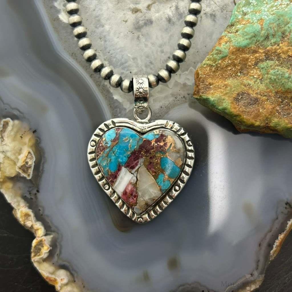 Sterling Southwestern Style Turquoise Spiny Oyster Heart Pendant For Women #2