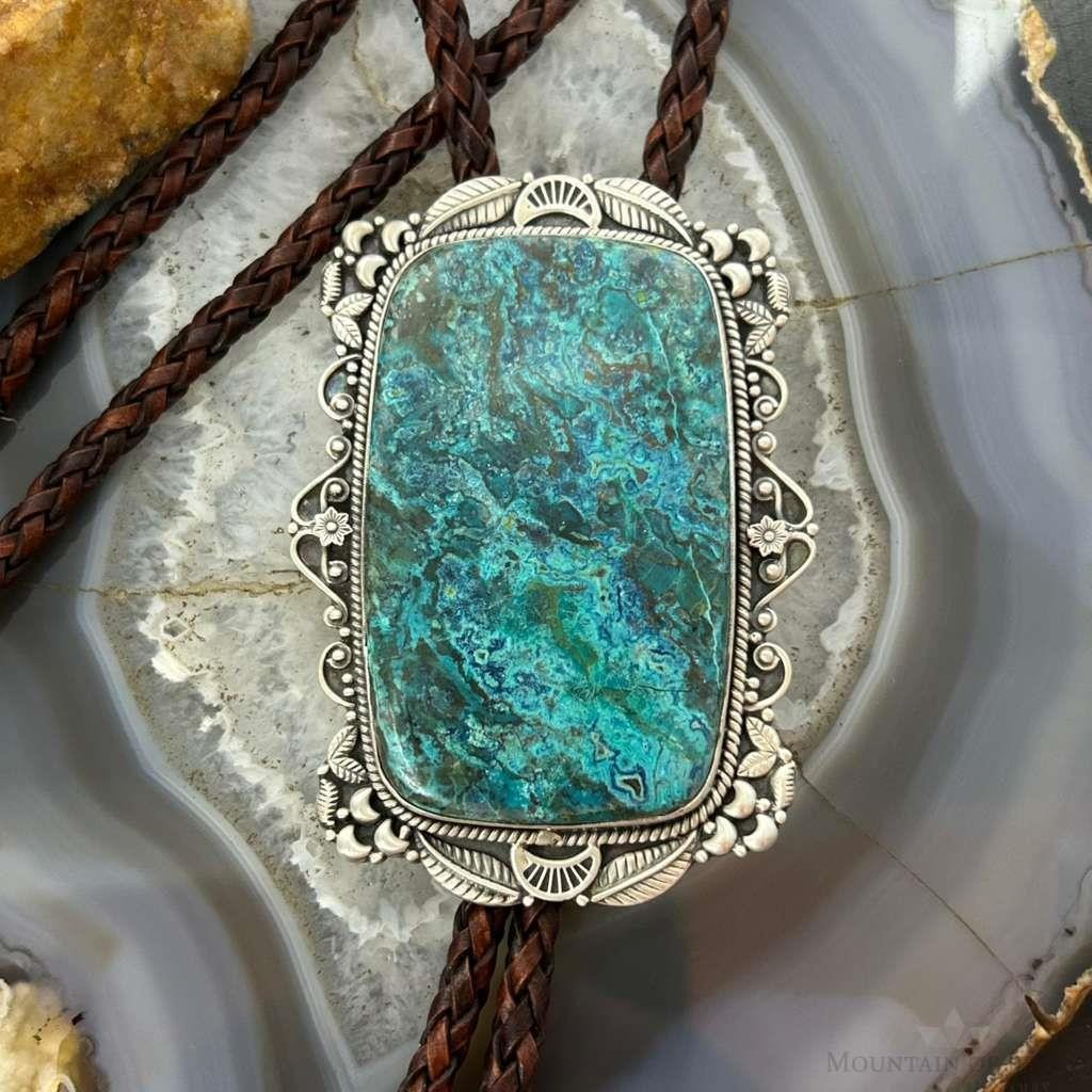 Sterling Silver Southwestern Style Large Shattuckite Decorated Bolo Tie For Men