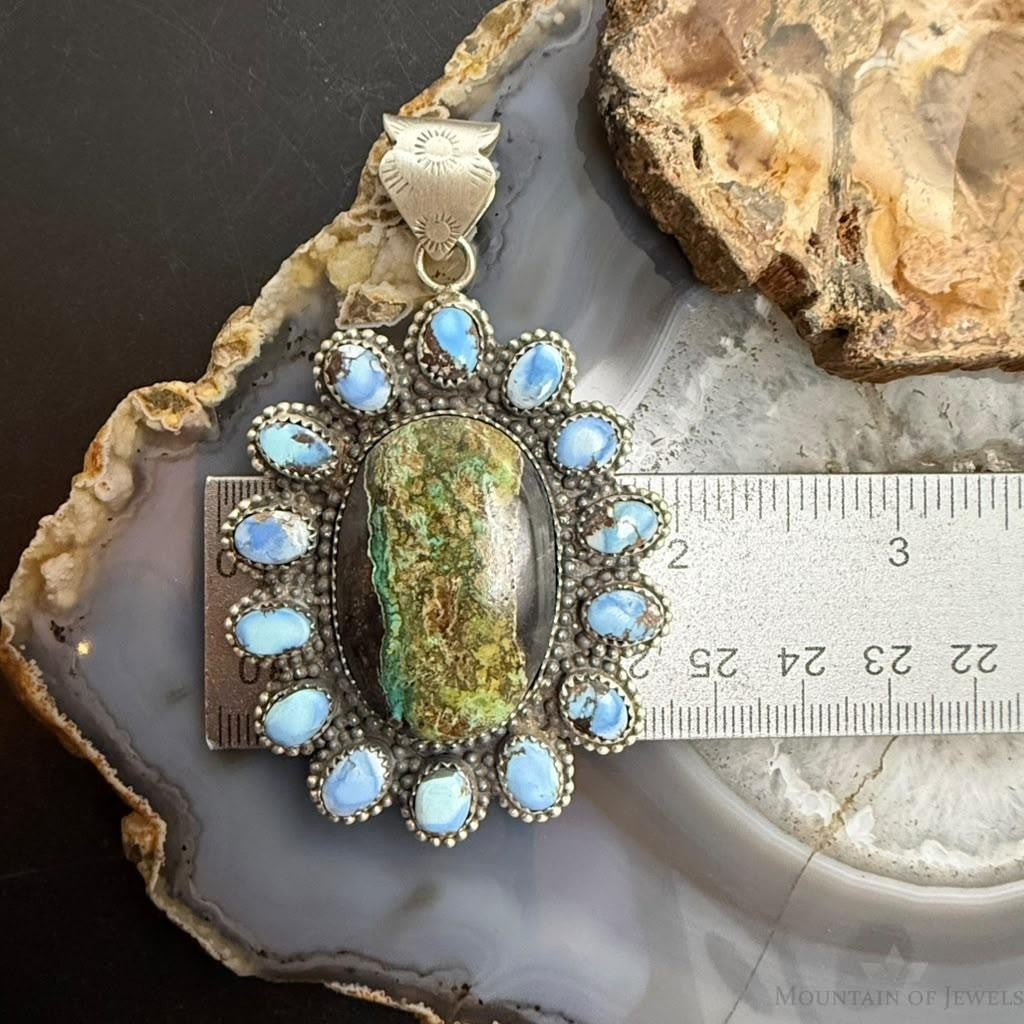 Sterling Silver Southwestern Style Blackjack & Golden Hill Turquoise Pendant For Women