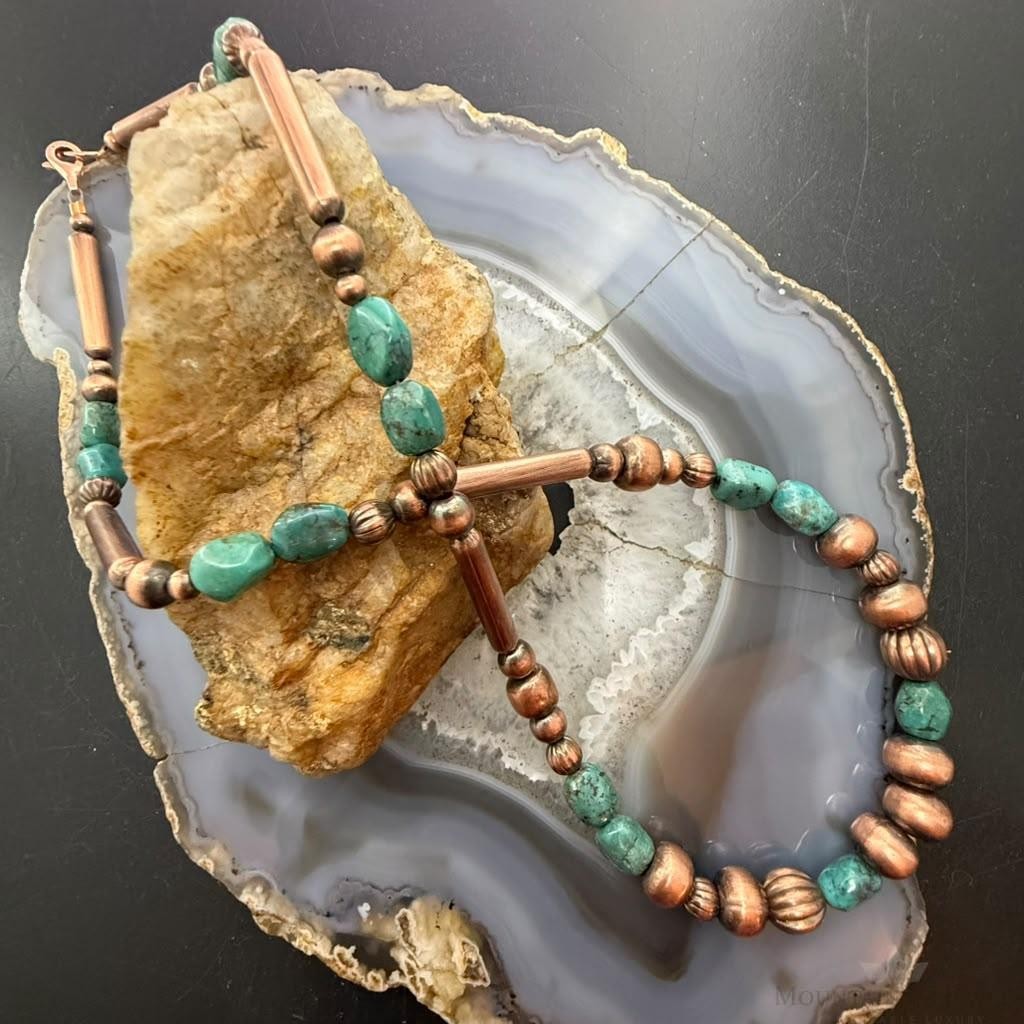 Southwestern Style 3-9.5mm Copper Navajo Pearl,Cylinder&Turquoise Beads Necklace For Women