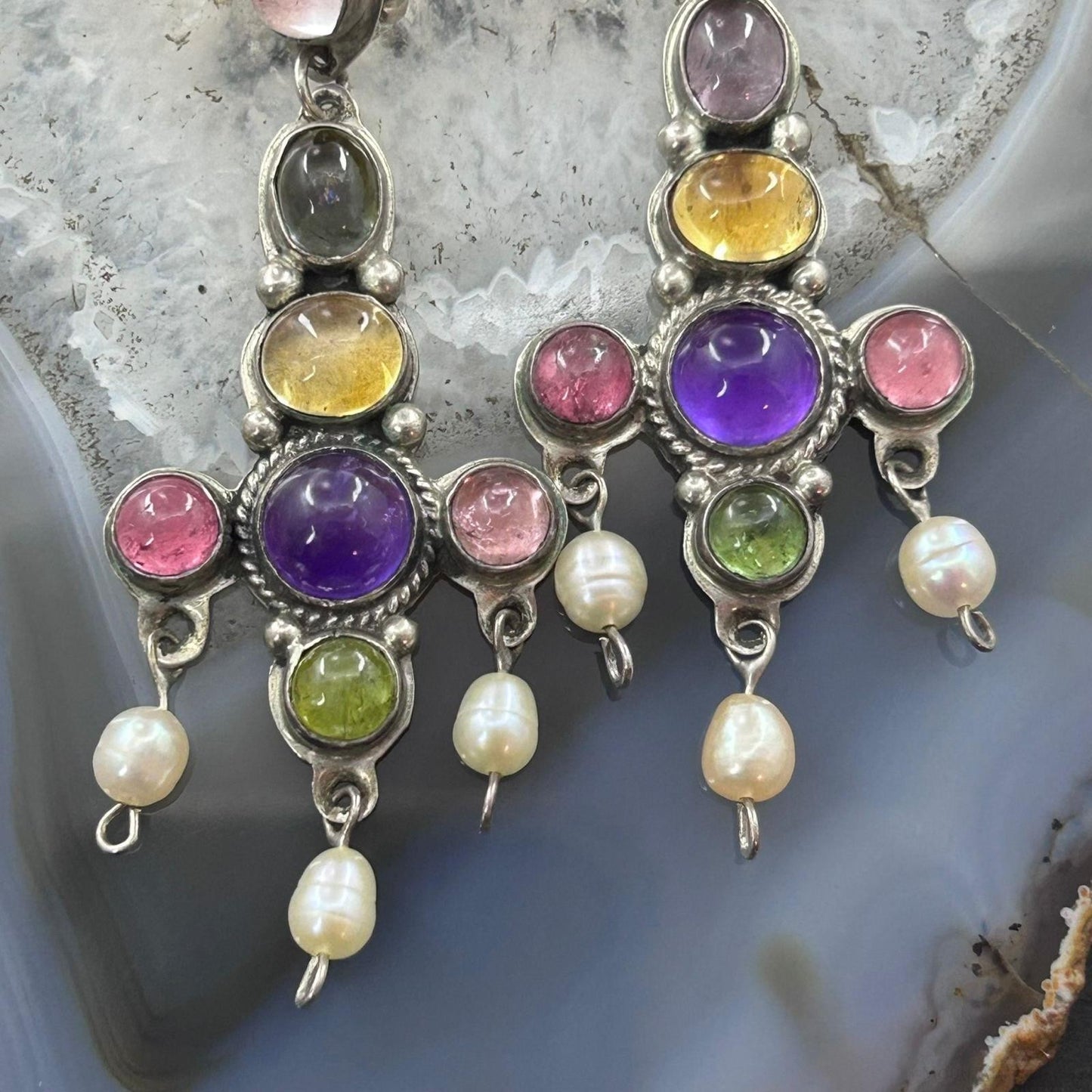 Ron Wesley Silver Southwestern Style Multi Gemstone Dangle Earrings For Women