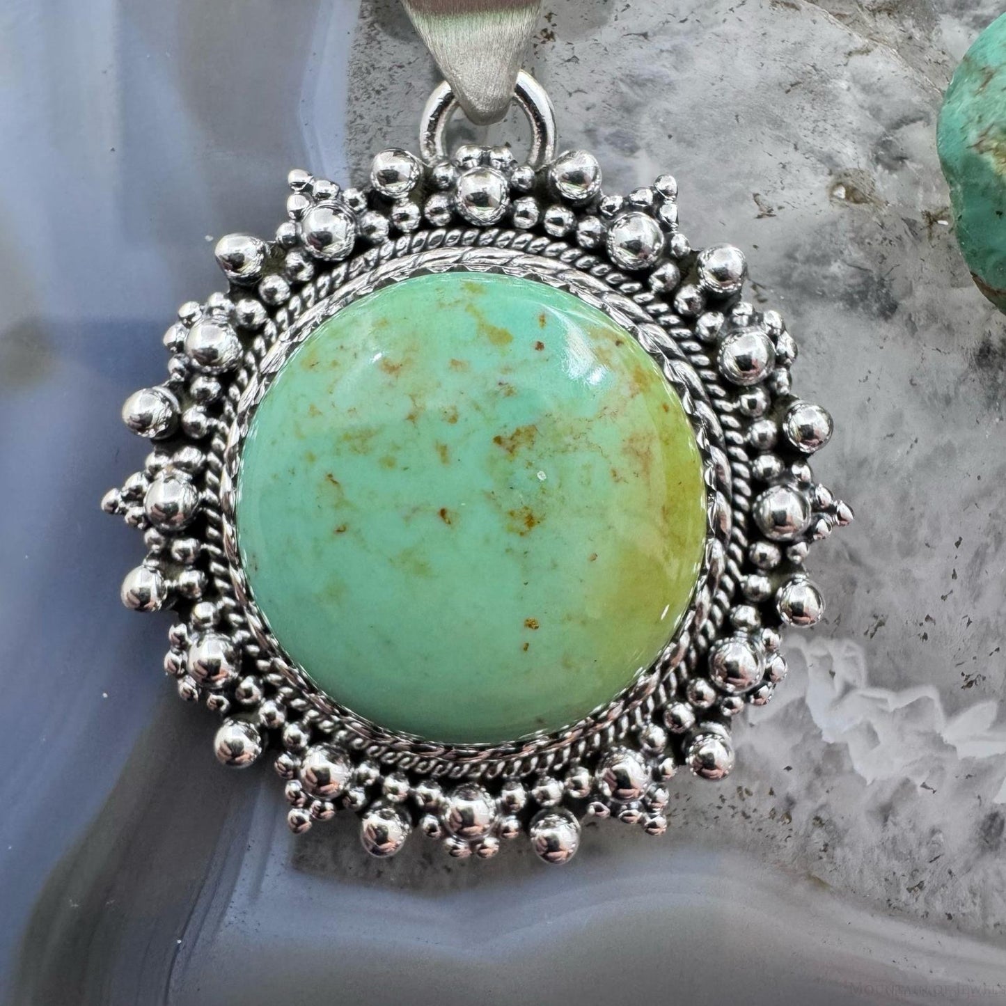 Sterling Silver Southwestern Style Round Green Turquoise Decorated Pendant For Women