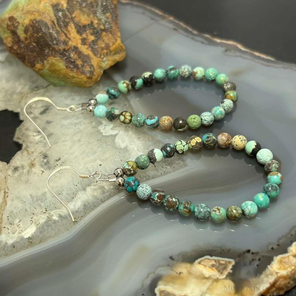Sterling Silver Rounded Various Turquoise Beads Hoop Dangle Earrings For Women