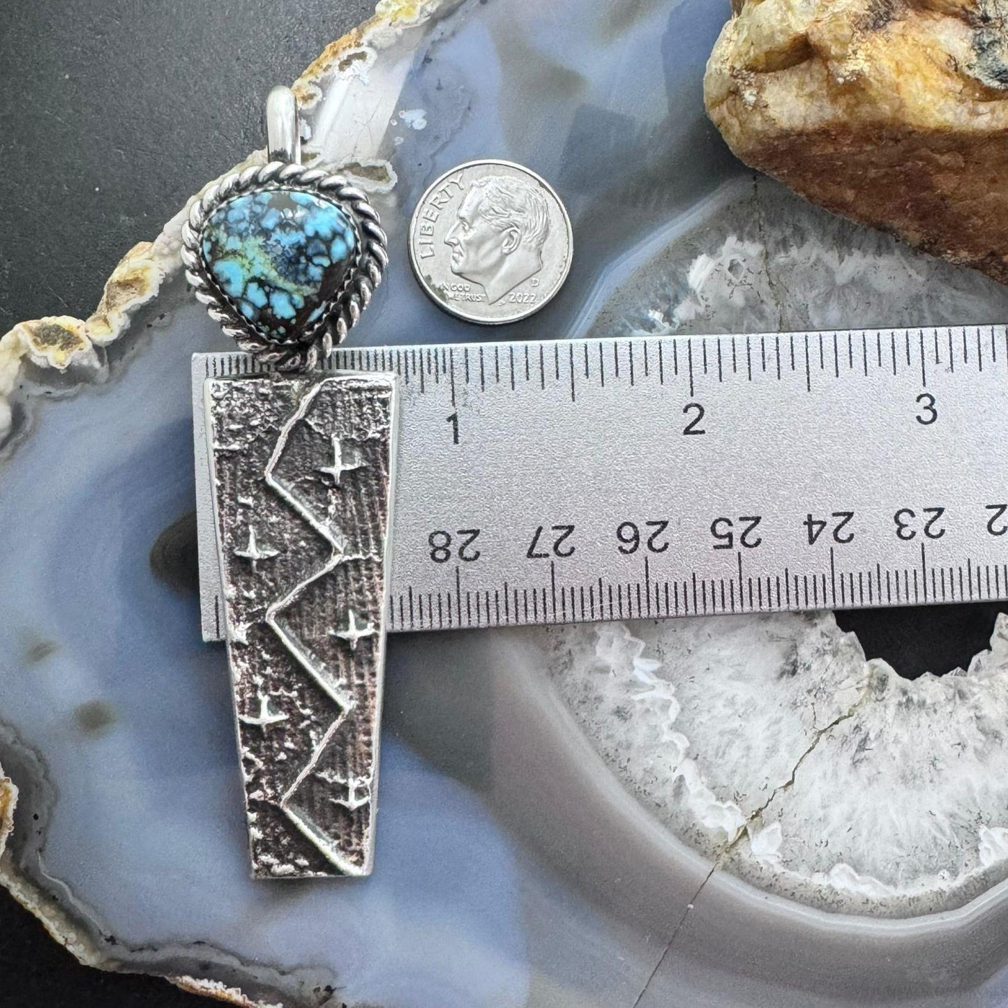 Cheyenne Custer Navajo Native American Sterling Silver & Turquoise Maiden Tufa Cast Unisex Pendant