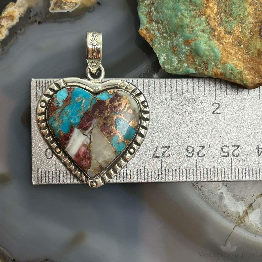 Sterling Southwestern Style Turquoise Spiny Oyster Heart Pendant For Women #2