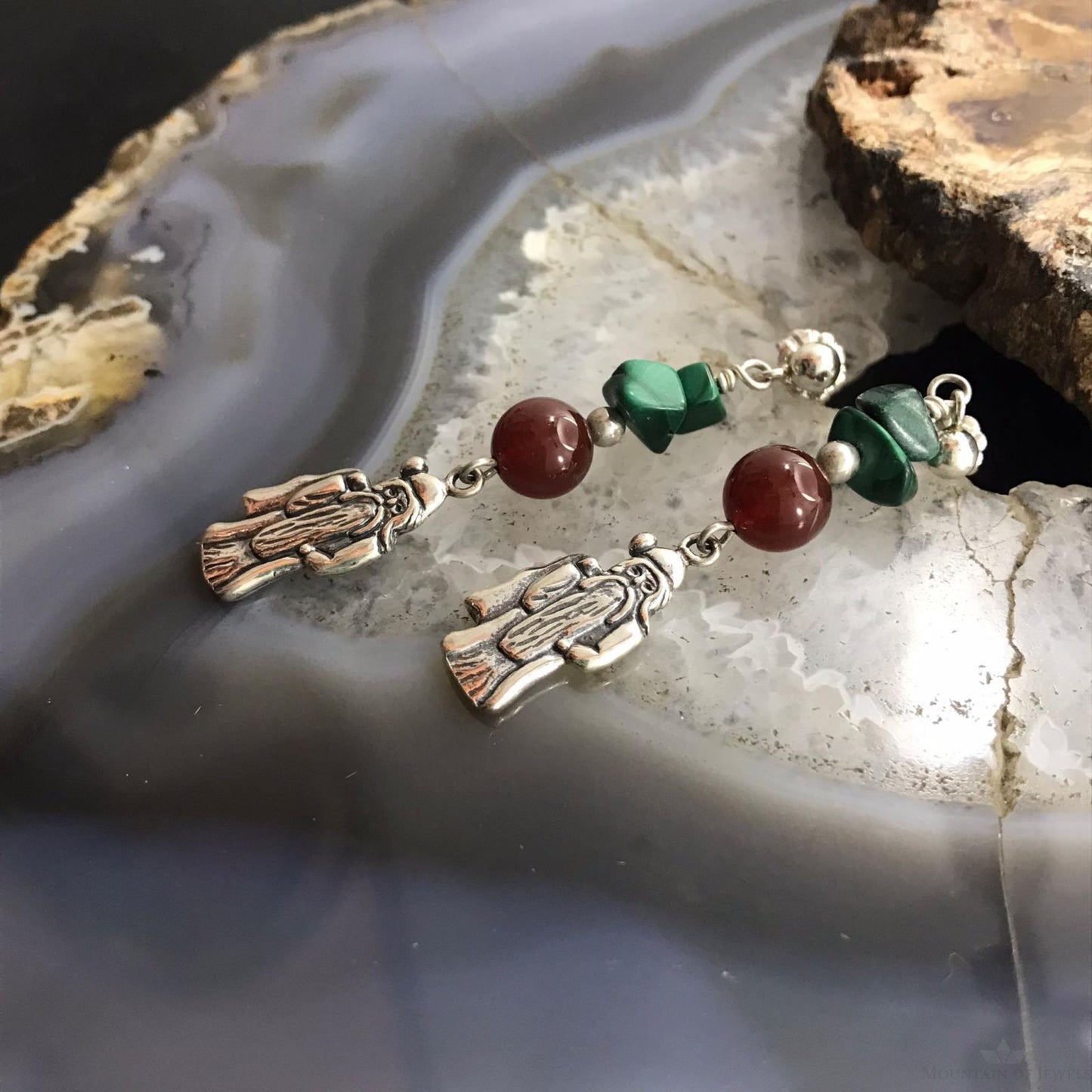 Carolyn Pollack Sterling Silver Malachite & Carnelian Father Christmas Dangle Earrings For Women