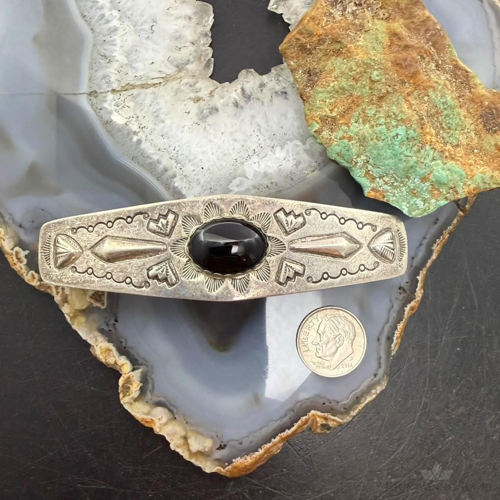 Signed Vintage Sterling Silver Native American Onyx Stamped Hair Barrette For Women