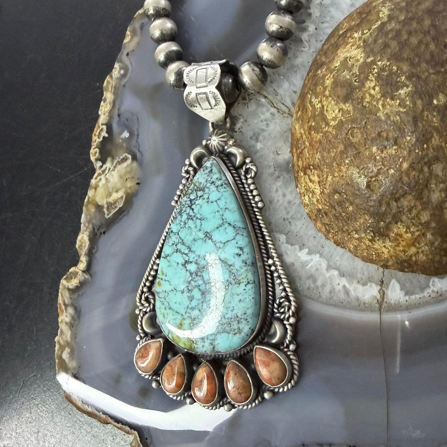 Sterling Silver Southwestern Style Teardrop Turquoise & Spiny Oyster Pendant For Women