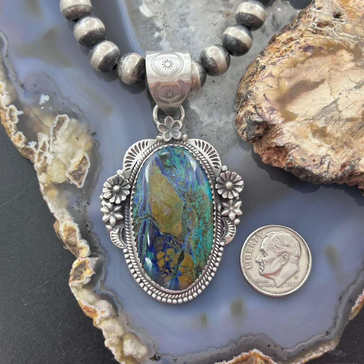 Sterling Silver Southwestern Style Oval Chrysocolla Decorated Pendant For Women