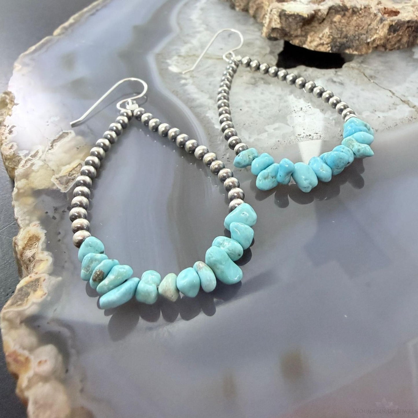 Sterling Silver Navajo Pearl Bead & Chunky Turquoise Dangle Hoop Earrings For Women