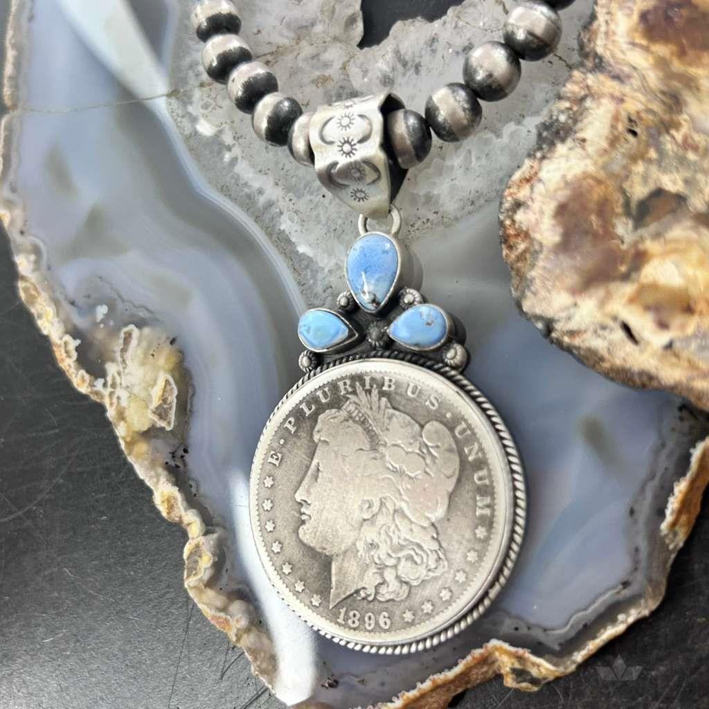 Genuine 1896 90% Morgan Silver Dollar Coin Golden Hill Turquoise Unisex Pendant
