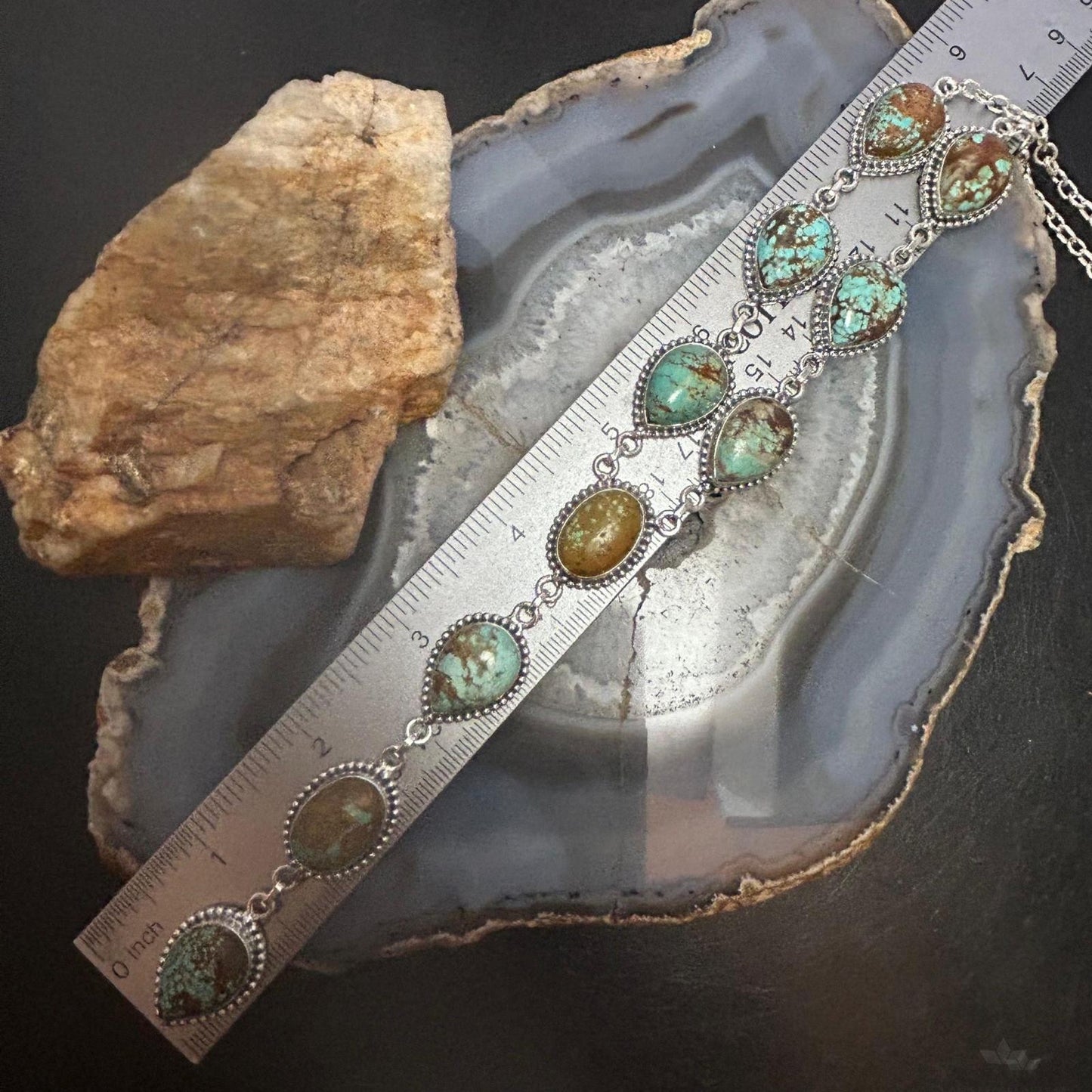 Sterling Silver Southwestern Style Turquoise #8 Cluster Lariat 28" Necklace For Women