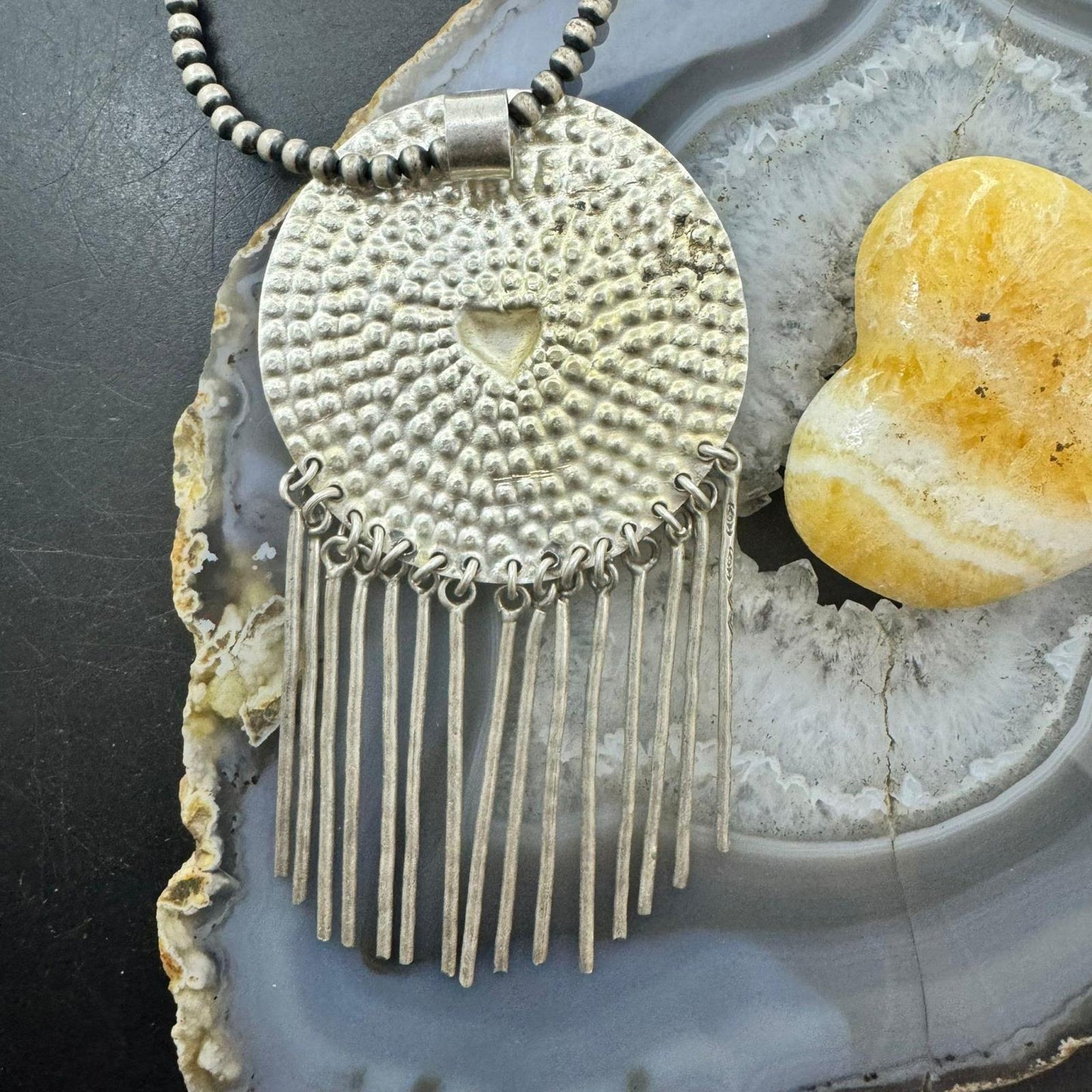 Vintage Silver Hammered Medallion with Heart and Tassels Pendant For Women