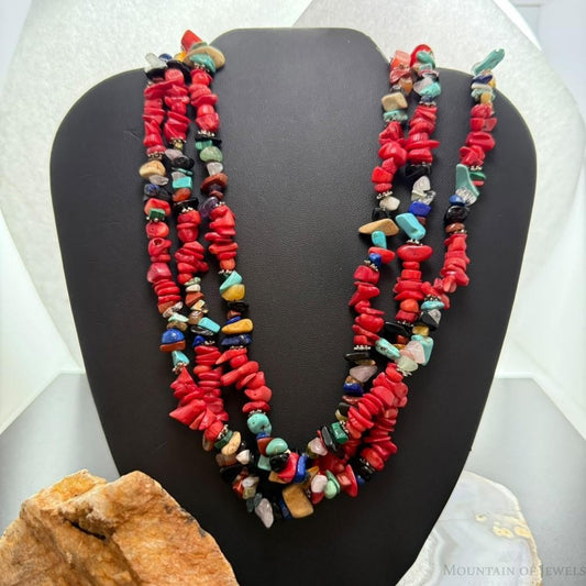 Vintage Native American Coral and Multi Stone Strung 26" Necklace For Women
