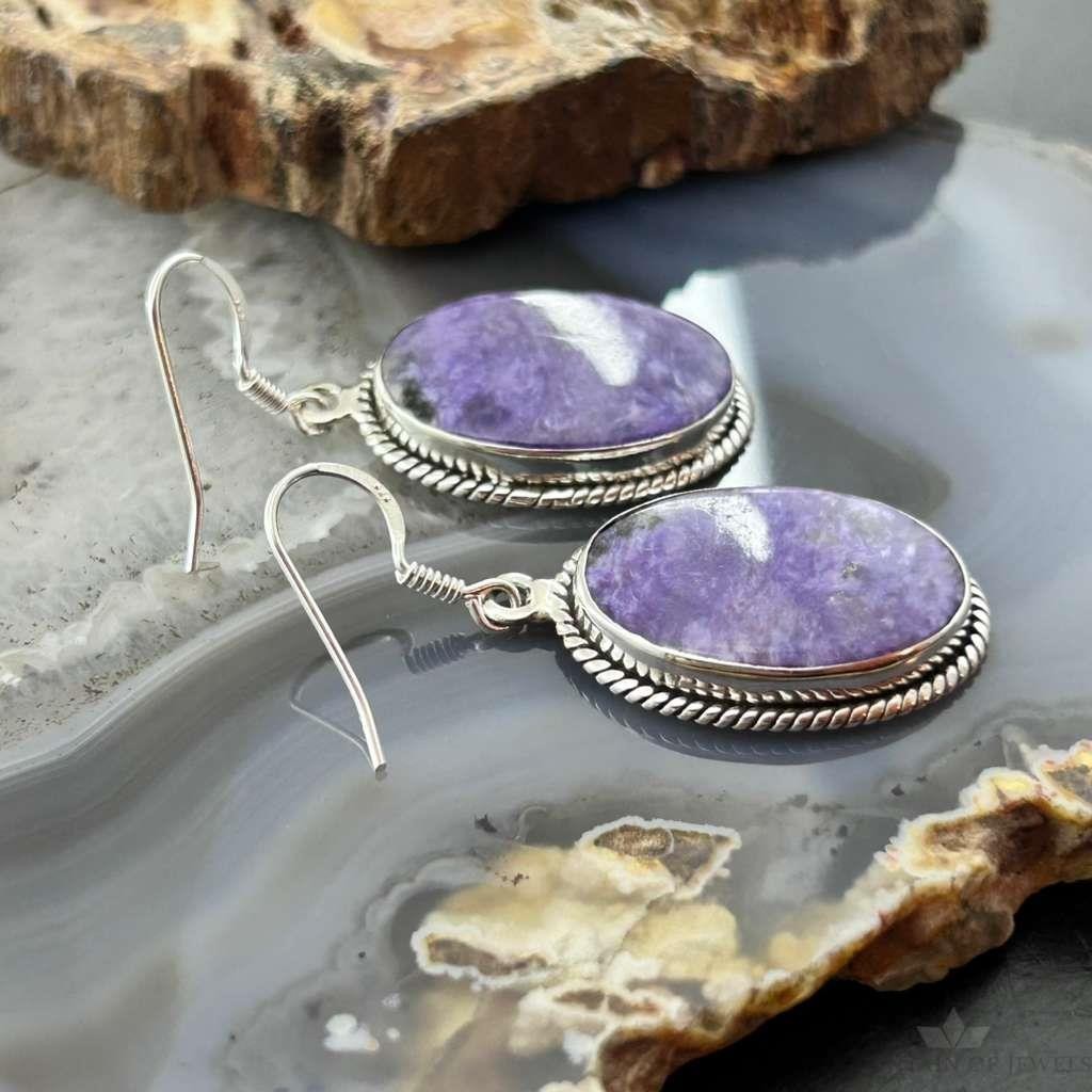 Sterling Silver Southwestern Style Oval Charoite Dangle Earrings For Women