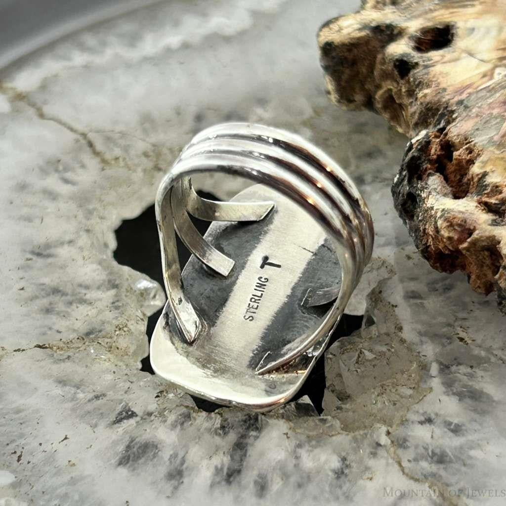 Native American Sterling Silver Rectangle Black Jack Bar Ring Size 7.5 For Women