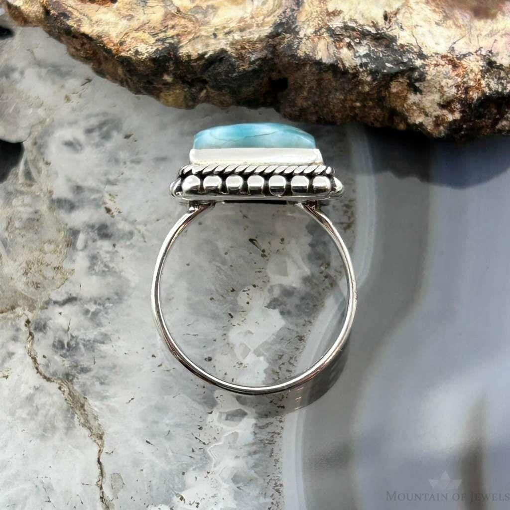 Sterling Silver Southwestern Style Larimar Decorated Bar Ring Size 6.5 For Women