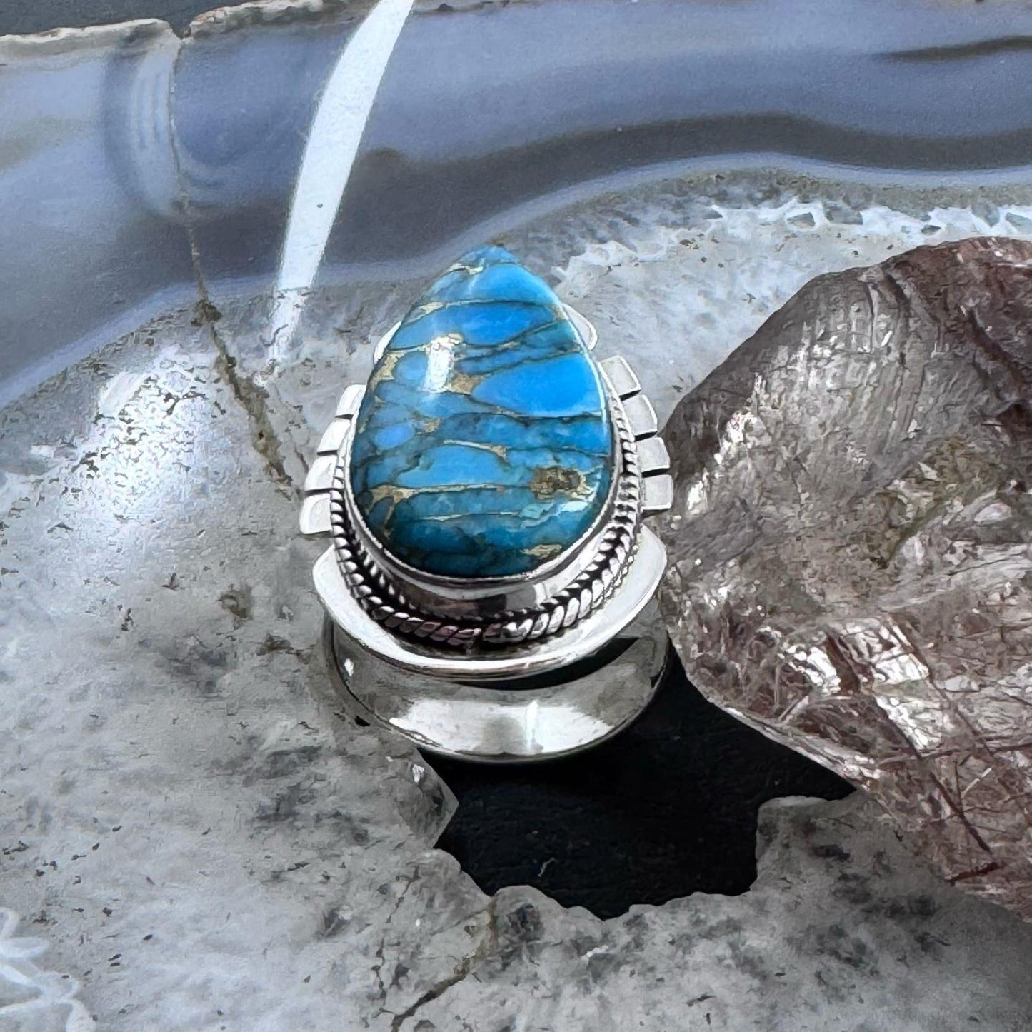 Sterling Southwestern Style Teardrop Cooper Turquoise Size 8.5 Ring For Women