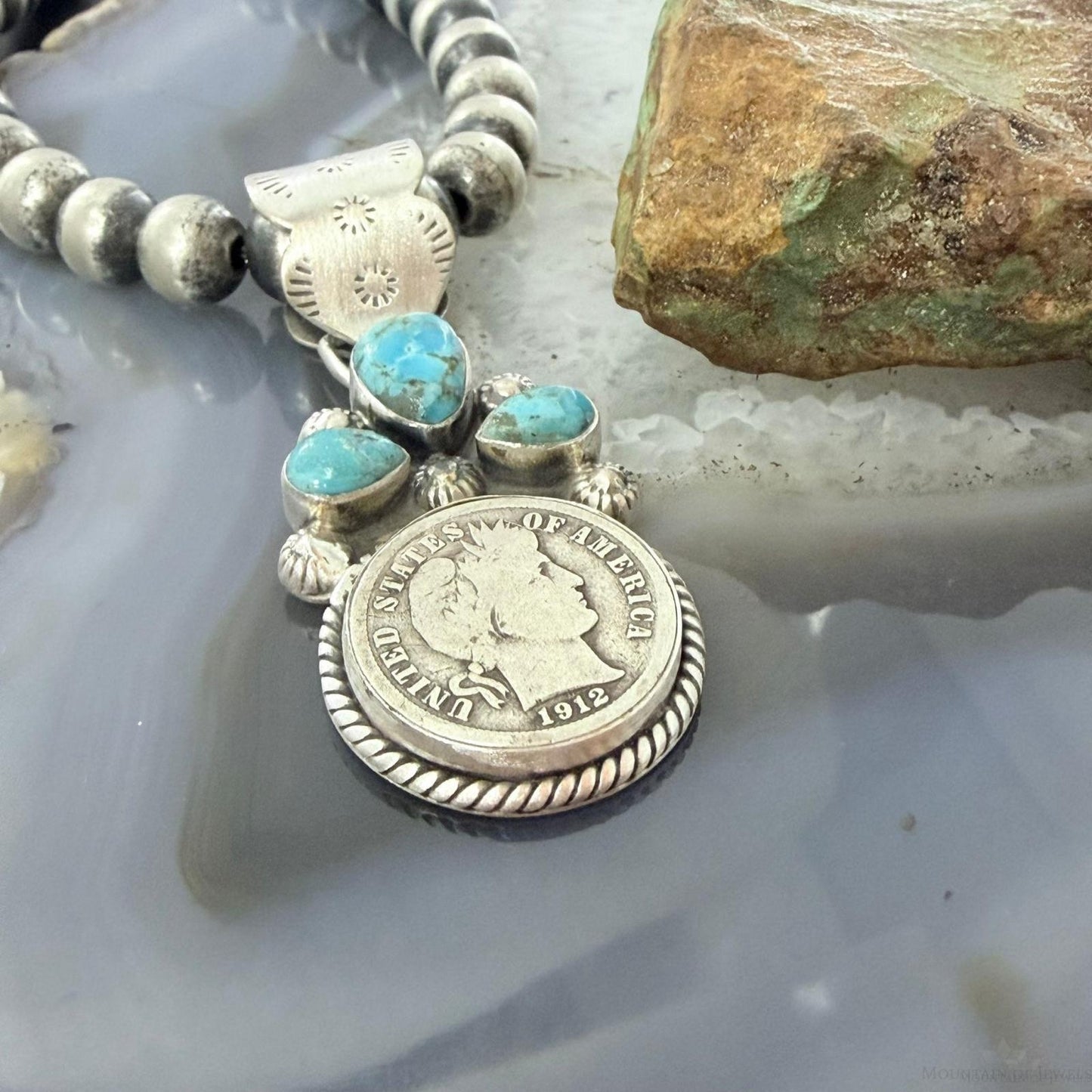 Genuine 1912 90% Silver Barber Head Dime Coin Mohave Turquoise Unisex Pendant