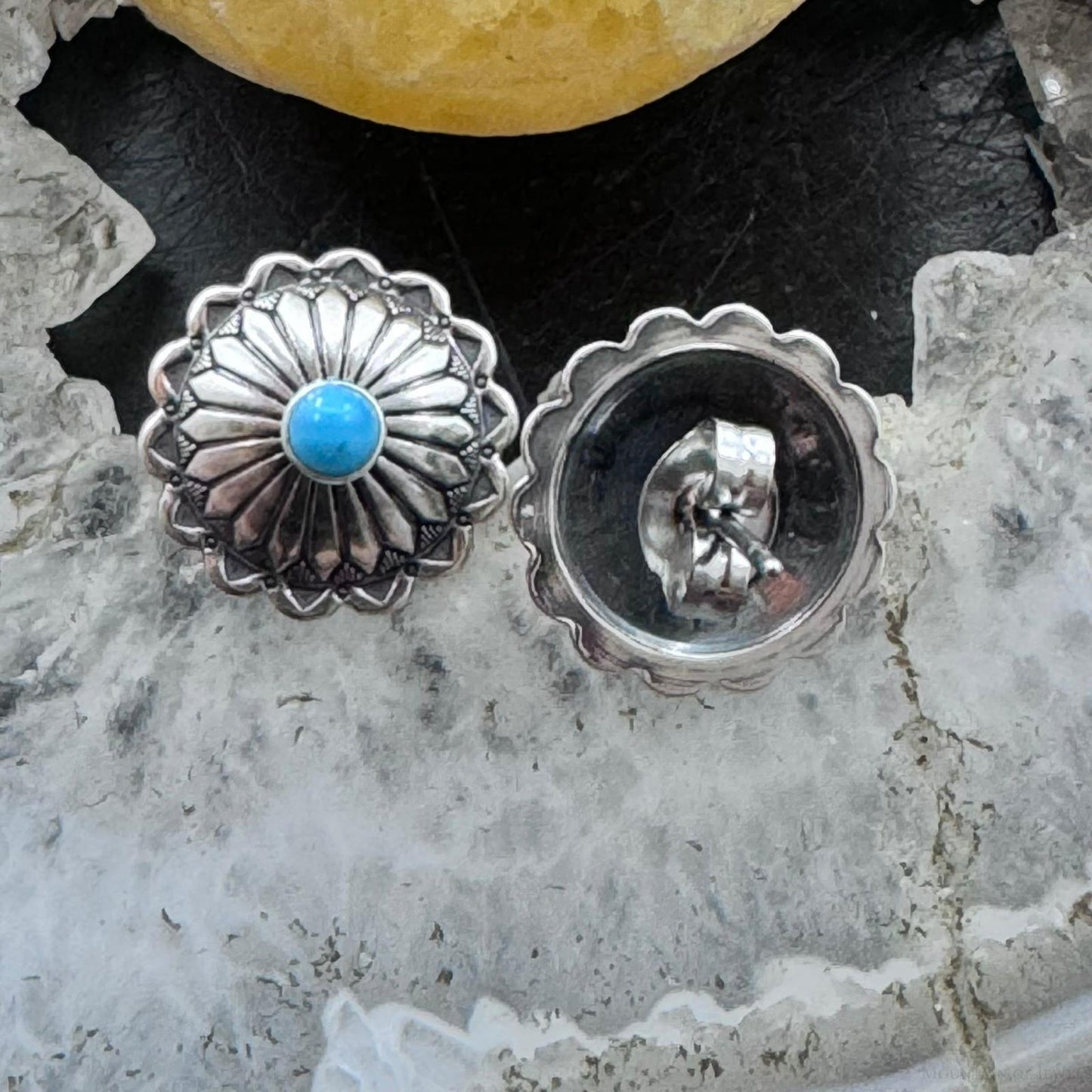 Native American Sterling Silver Repousse Concho with Turquoise Dot Stud Earrings