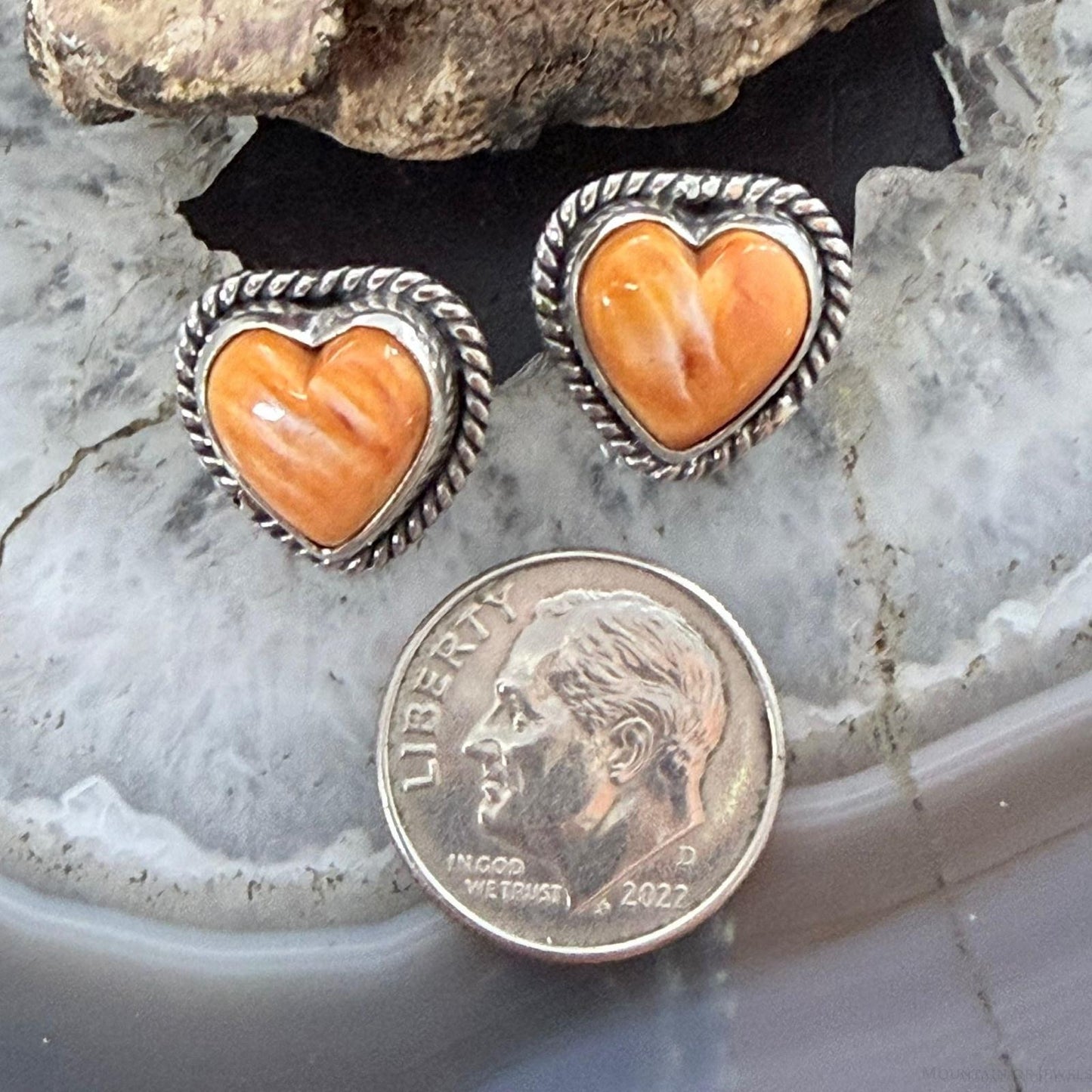 Native American Sterling Silver Orange Spiny Oyster Heart Post Earrings For Women