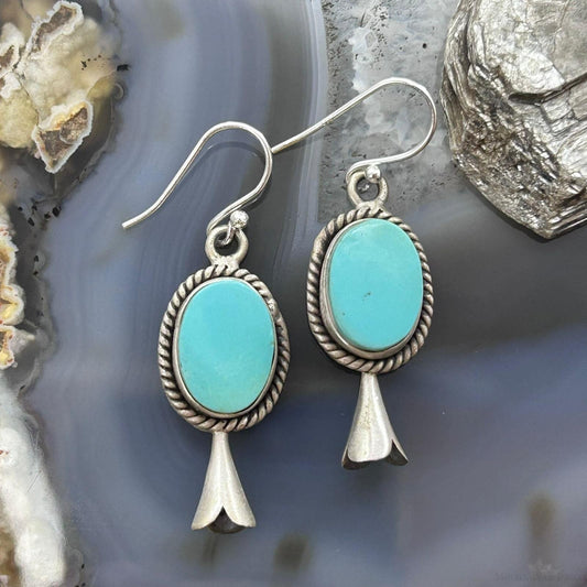 Sterling Silver Southwestern Style Turquoise Squash Blossom Dangle Earrings For Women #1