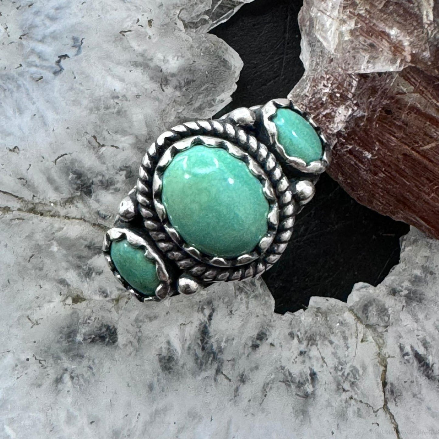 Carolyn Pollack Sterling Silver 3 Oval Green Turquoise Decorated Ring For Women