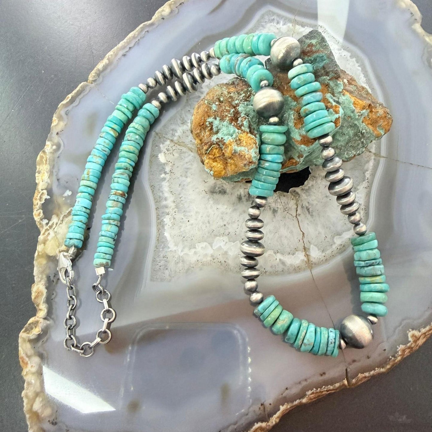 Sterling Silver Southwestern Style Blue Turquoise Beads &Starling Beads 18" Necklace For Women  #1