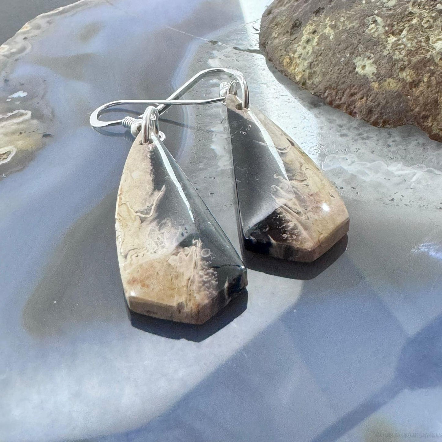 Sterling Silver Elongated Triangle Plum Root Jasper Slab Dangle Earrings For Women #223