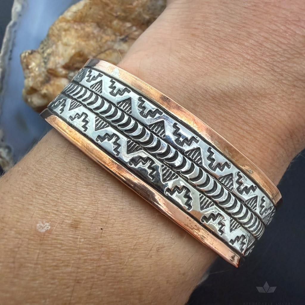 Wylie Secatero Navajo Sterling Silver & Copper Stamped Bracelet For Women