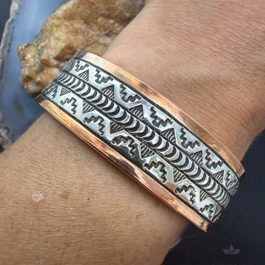 Wylie Secatero Navajo Sterling Silver & Copper Stamped Bracelet For Women