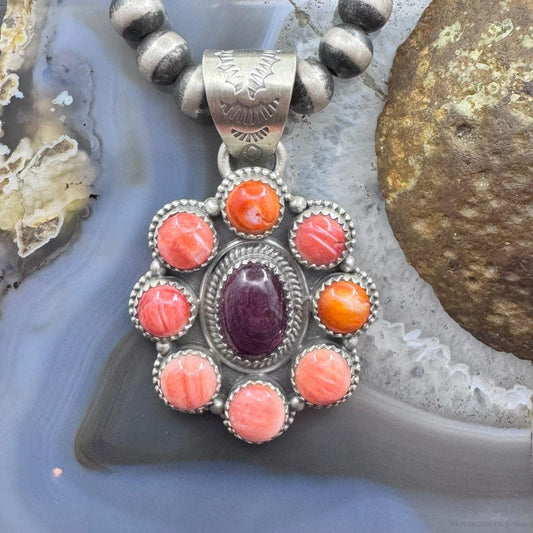 Native American Sterling Silver Orange & Purple Spiny Oyster Cluster Pendant For Women