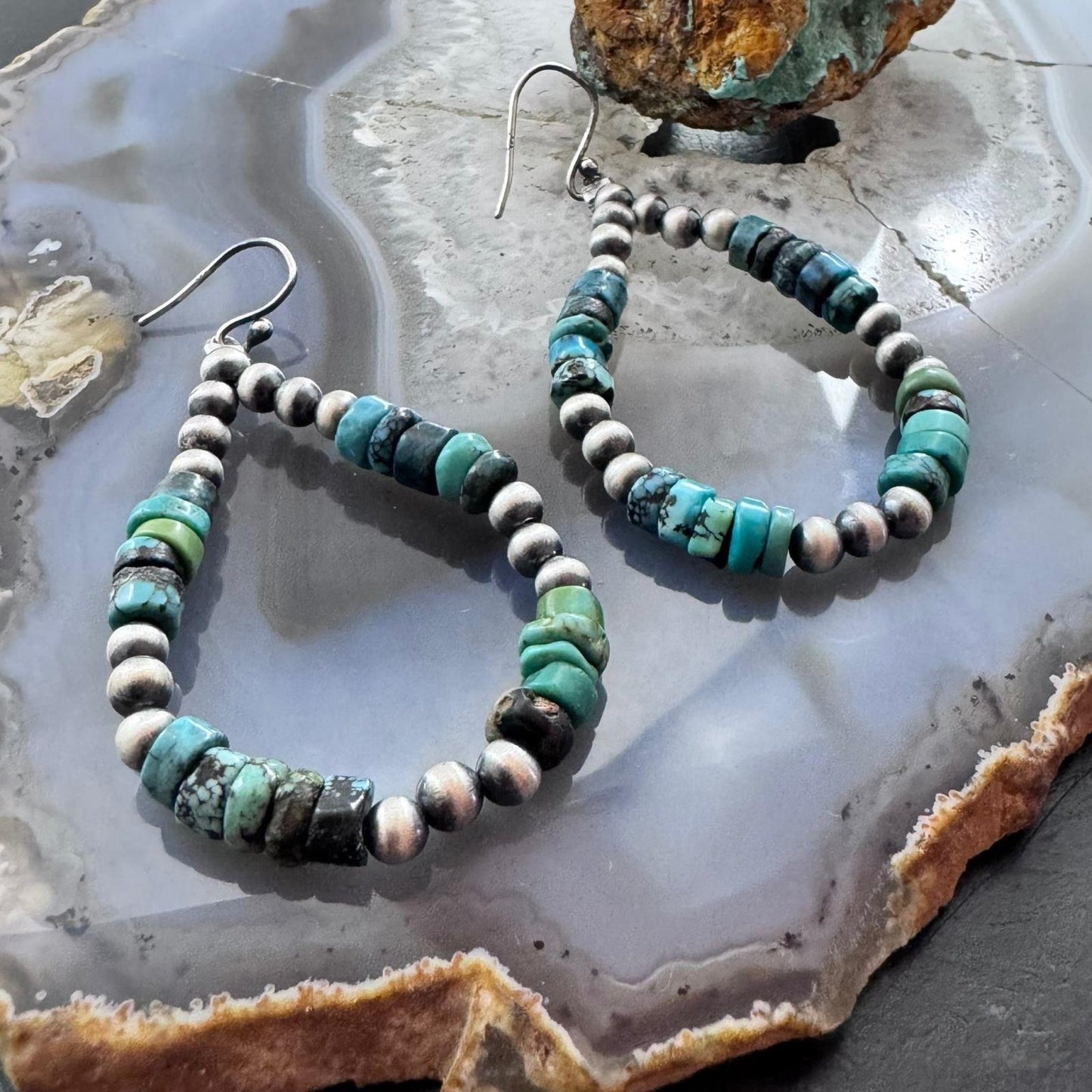 Sterling Silver Southwestern Style Navajo Pearl & Turquoise Bead Hoop Earrings For Women