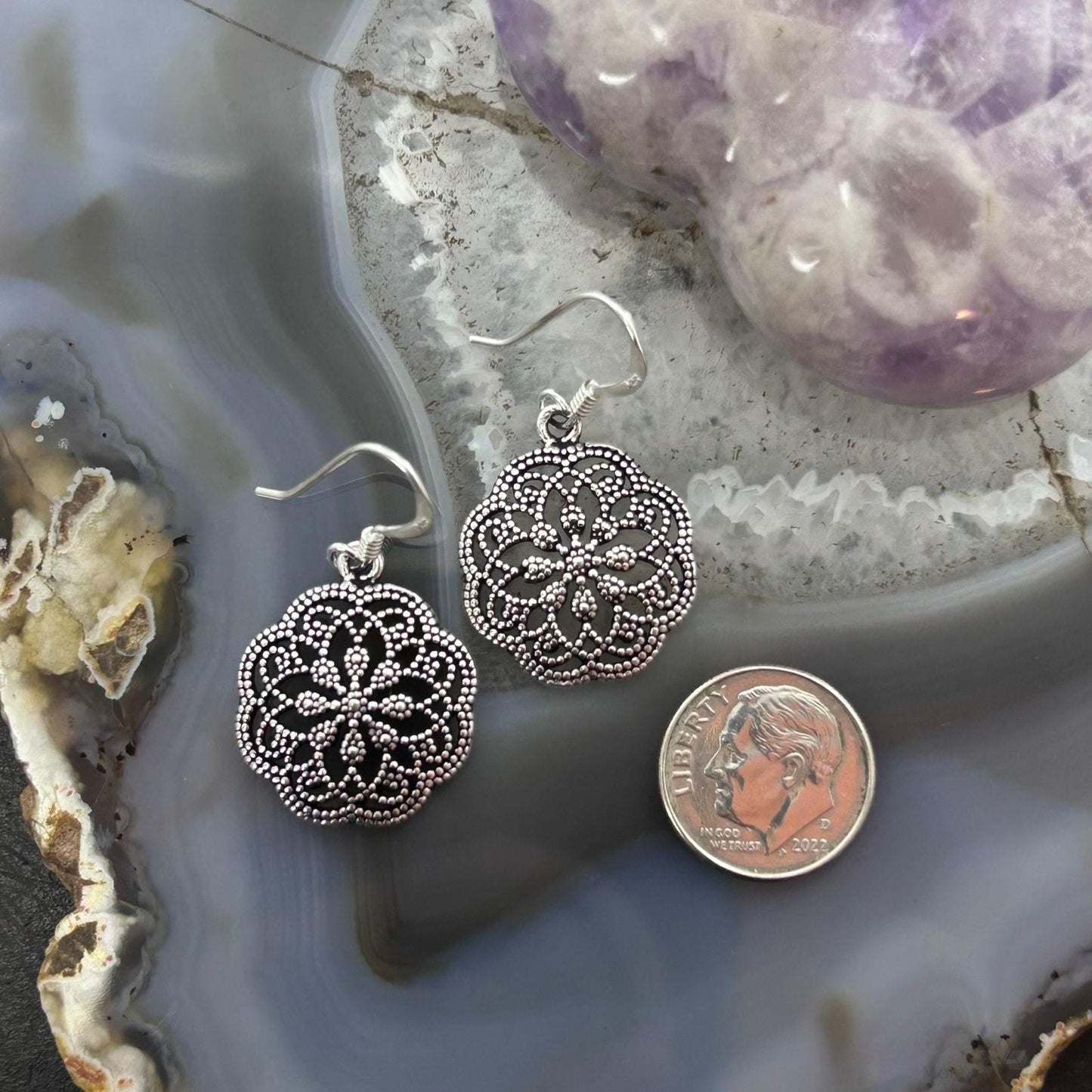 Sterling Silver Lattice Floral Design Dangle Earrings For Women