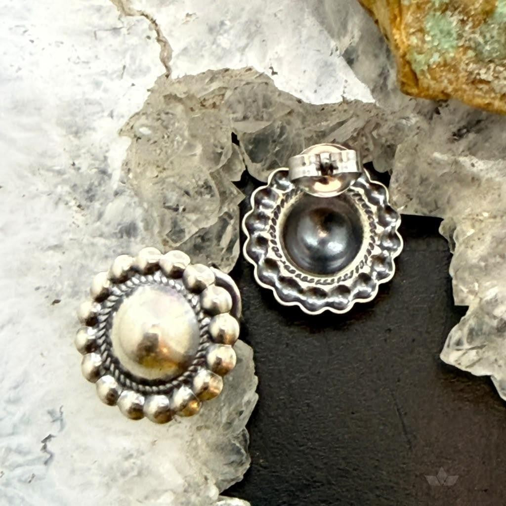 Native American Sterling Silver Round Dome Decorated Stud Earrings For Women