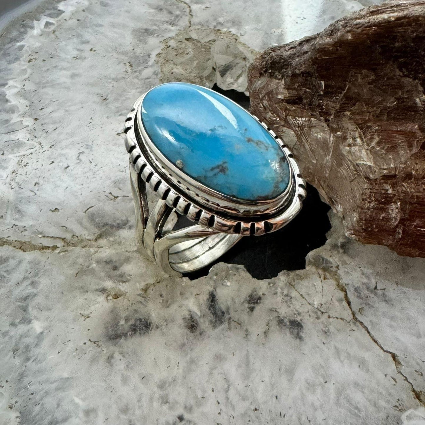 Native American Sterling Silver Oval Kingman Turquoise Ring Size 9.25 For Women