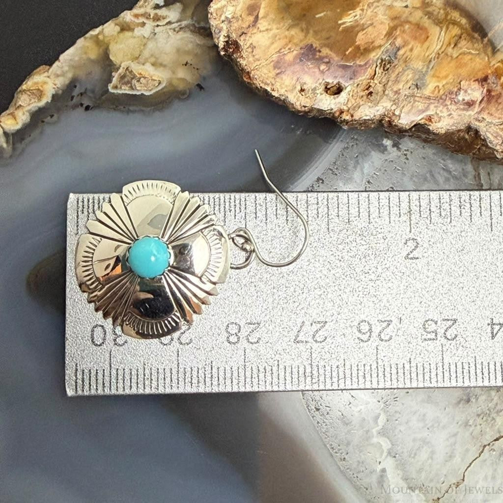 Michael Nez Navajo Sterling Silver Round Turquoise Stamped Dangle Earrings For Women