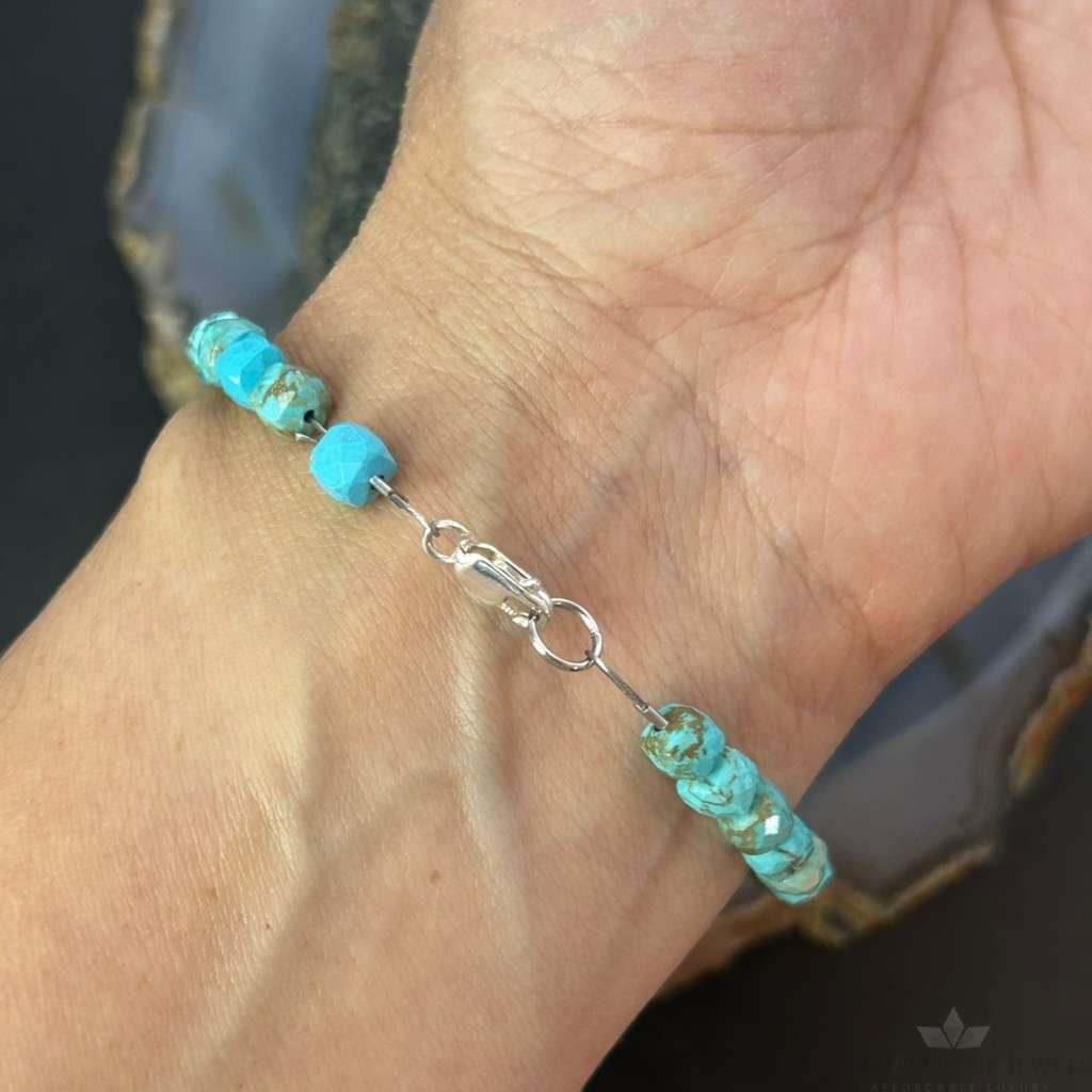Sterling Silver Faceted Turquoise Beads 7.5" Bracelet For Women